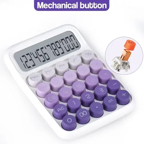 Mechanical Pushbutton Calculator,12 Digit Large LCD Display,Big Buttons Easy to Press,Colorful Candy Calculator,Automatic Sleep,with Battery.for Office,School, Home. (Violet) - 2