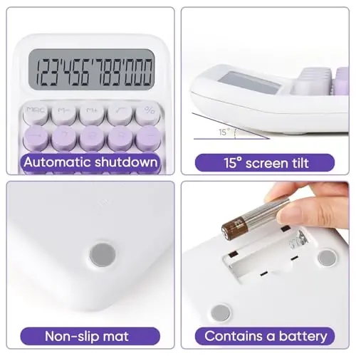 Mechanical Pushbutton Calculator,12 Digit Large LCD Display,Big Buttons Easy to Press,Colorful Candy Calculator,Automatic Sleep,with Battery.for Office,School, Home. (Violet) - 4