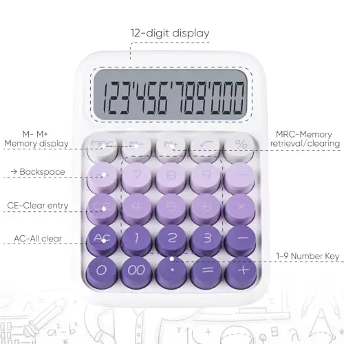 Mechanical Pushbutton Calculator,12 Digit Large LCD Display,Big Buttons Easy to Press,Colorful Candy Calculator,Automatic Sleep,with Battery.for Office,School, Home. (Violet) - 5