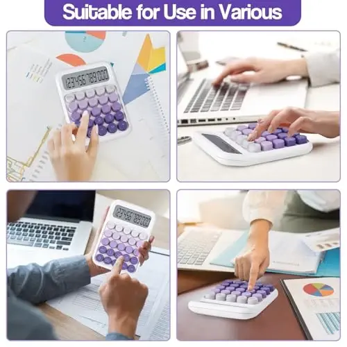 Mechanical Pushbutton Calculator,12 Digit Large LCD Display,Big Buttons Easy to Press,Colorful Candy Calculator,Automatic Sleep,with Battery.for Office,School, Home. (Violet) - 6