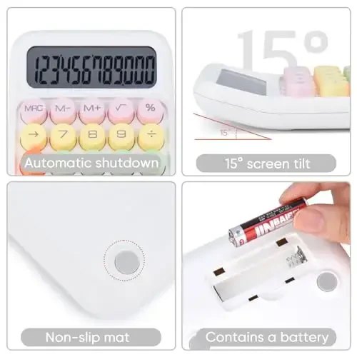 Mechanical Pushbutton Calculator,12 Digit Large LCD Display,Big Buttons Easy to Press,Colorful Candy Calculator,Automatic Sleep,with Battery.for Office,School, Home. (White) - 4