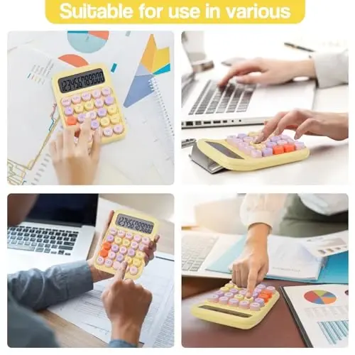 Mechanical Pushbutton Calculator,12 Digit Large LCD Display,Big Buttons Easy to Press,Colorful Candy Calculator,Automatic Sleep,with Battery.for Office,School, Home. (Yellow) - 12