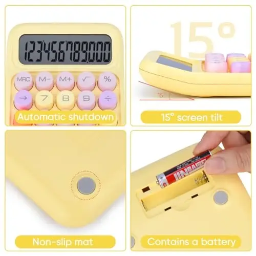 Mechanical Pushbutton Calculator,12 Digit Large LCD Display,Big Buttons Easy to Press,Colorful Candy Calculator,Automatic Sleep,with Battery.for Office,School, Home. (Yellow) - 4