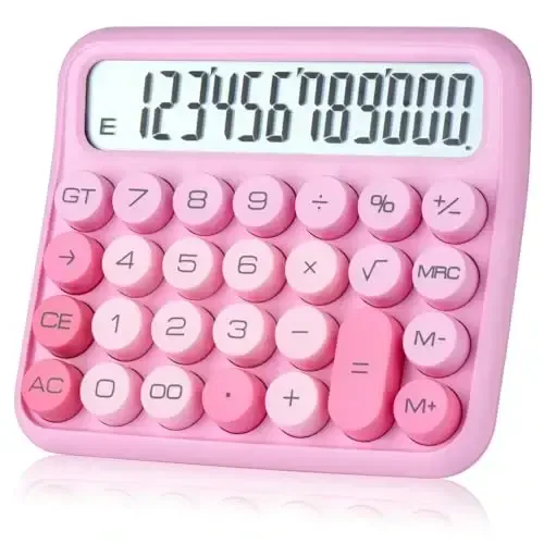 Mechanical Switch 12-Digit Pink Calculator - Large LCD Display, Big Buttons, Desktop, Cute, For Everyday Use - 1