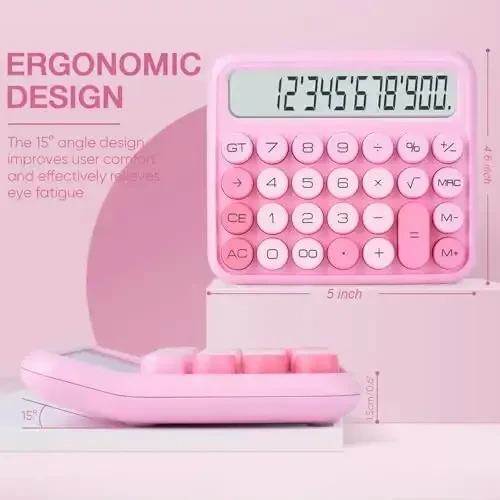 Mechanical Switch 12-Digit Pink Calculator - Large LCD Display, Big Buttons, Desktop, Cute, For Everyday Use - 2