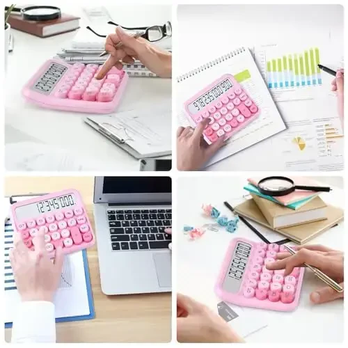 Mechanical Switch 12-Digit Pink Calculator - Large LCD Display, Big Buttons, Desktop, Cute, For Everyday Use - 3