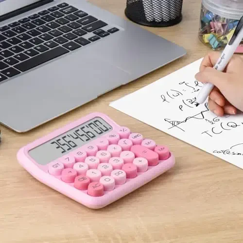 Mechanical Switch 12-Digit Pink Calculator - Large LCD Display, Big Buttons, Desktop, Cute, For Everyday Use - 4