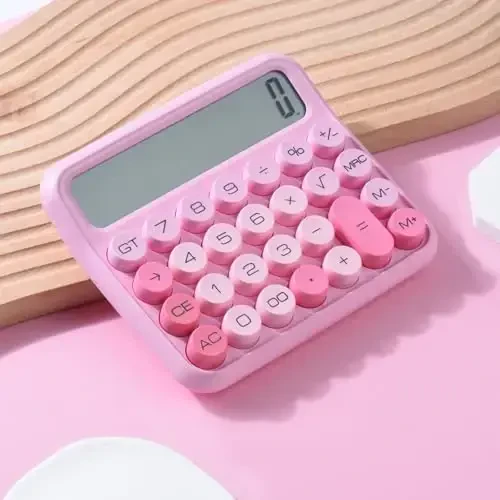 Mechanical Switch 12-Digit Pink Calculator - Large LCD Display, Big Buttons, Desktop, Cute, For Everyday Use - 6