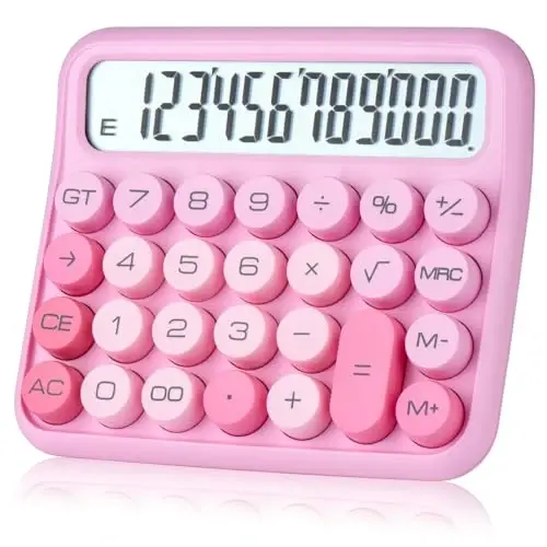 Mechanical Switch 12-Digit Pink Calculator - Large LCD Display, Big Buttons, Desktop, Cute, For Everyday Use - 1