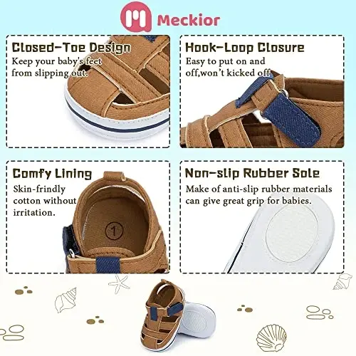 Meckior Baby Infant O'g'il Qiz Sandallari Yangi tug'ilgan chaqaloqlar uchun sirpanmaydigan yumshoq kauchuk taglikli sandallar O'g'il bolalar uchun ochiq oyoqli kundalik yozgi birinchi qadam qo'yuvchi poyabzal - 5
