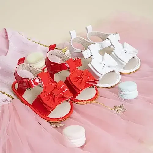 Meckior Baby Toddler Infant Girls PU Charm charm charm Yozgi Sandallar Gul malikasi tekis poyabzal - 2