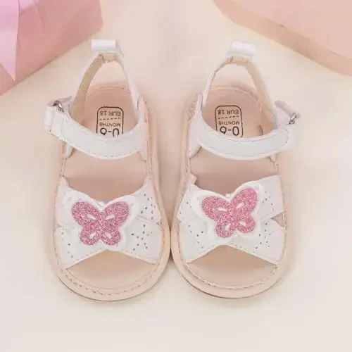 Meckior Baby Toddler Infant Girls PU Charm teri Ochiq oyoq yozgi sandallari Gul malika tekis poyabzallari - 4
