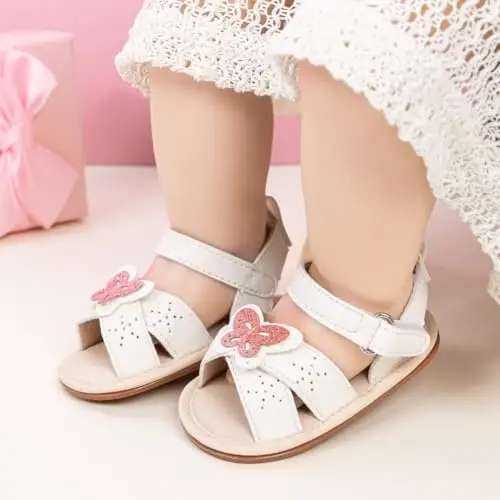 Meckior Baby Toddler Infant Girls PU Charm teri Ochiq oyoq yozgi sandallari Gul malika tekis poyabzallari - 2