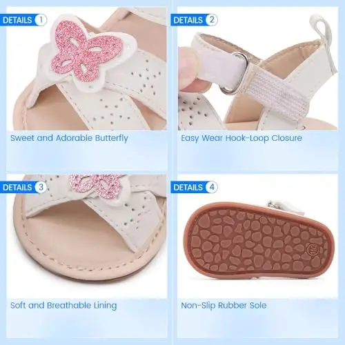 Meckior Baby Toddler Infant Girls PU Charm teri Ochiq oyoq yozgi sandallari Gul malika tekis poyabzallari - 5