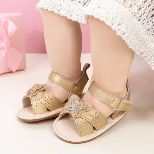 Meckior Baby Toddler Infant Girls PU Charm teri Ochiq oyoqli yozgi sandallar Gul malika tekis poyabzal - 2