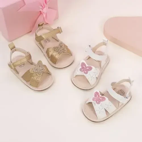 Meckior Baby Toddler Infant Girls PU Charm teri Ochiq oyoqli yozgi sandallar Gul malika tekis poyabzal - 3