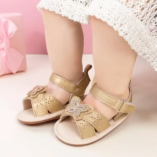 Meckior Baby Toddler Infant Girls PU Charm teri Ochiq oyoqli yozgi sandallar Gul malika tekis poyabzal - MECKIOR (1)