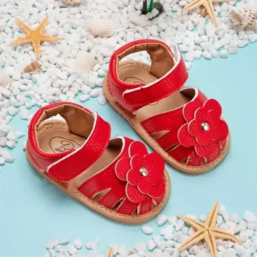 Meckior Baby Toddler Infant Girls PU Leather Soft Open Toe Summer Sandals Flower Princess Flat Shoes - 4