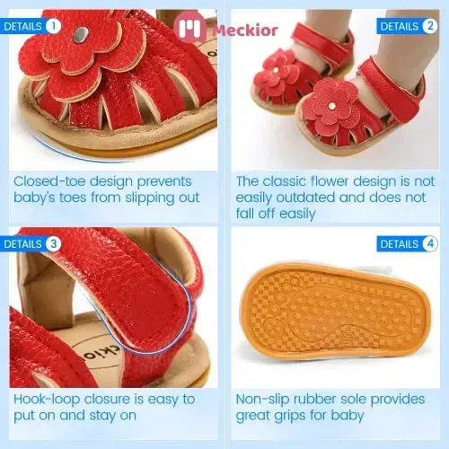 Meckior Baby Toddler Infant Girls PU Leather Soft Open Toe Summer Sandals Flower Princess Flat Shoes - 5