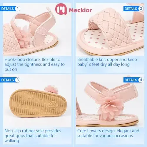 Meckior Baby Toddler Infant Girls PU Leather Soft Open Toe Summer Sandals Flower Princess Flat Shoes - 5