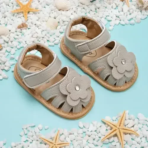 Meckior Baby Toddler Infant Girls PU Leather Soft Open Toe Summer Sandals Flower Princess Flat Shoes - 4