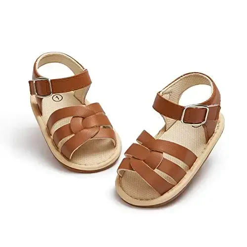 Meckior Baby Toddler Infant Girls PU Leather Soft Open Toe Summer Sandals Flower Princess Flat Shoes - 1