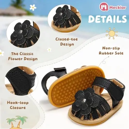 Meckior Baby Toddler Infant Girls PU Leather Soft Open Toe Summer Sandals Flower Princess Flat Shoes 