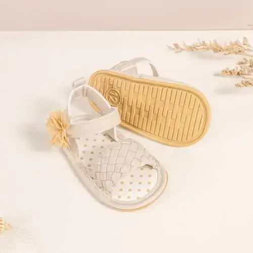 Meckior Baby Toddler Infant Girls PU Leather Soft Open Toe Summer Sandals Flower Princess Flat Shoes - 4
