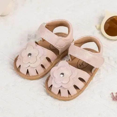 Meckior Baby Toddler Infant Girls PU Leather Soft Open Toe Summer Sandals Flower Princess Flat Shoes - 3