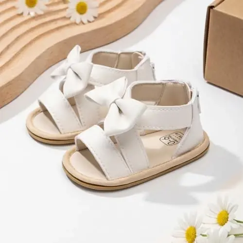 Meckior Baby Toddler Infant Girls PU Leather Soft Open Toe Summer Sandals Flower Princess Flat Shoes - 3