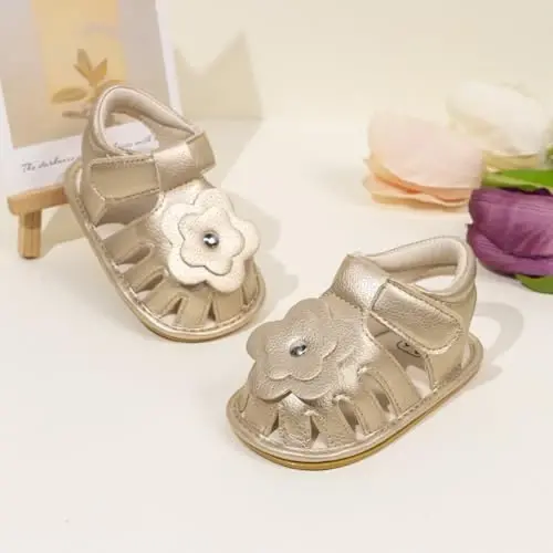 Meckior Baby Toddler Infant Girls PU Leather Soft Open Toe Summer Sandals Flower Princess Flat Shoes - 4