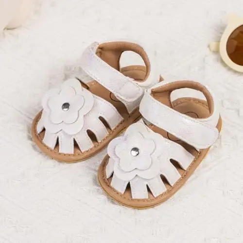 Meckior Baby Toddler Infant Qizlar PU Charm teri Yumshoq Ochiq Barmoqli Yozgi Sandallar Gul Princess Tekis Poyabzal - 3