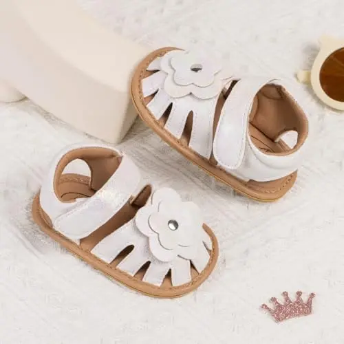 Meckior Baby Toddler Infant Qizlar PU Charm teri Yumshoq Ochiq Barmoqli Yozgi Sandallar Gul Princess Tekis Poyabzal - 4
