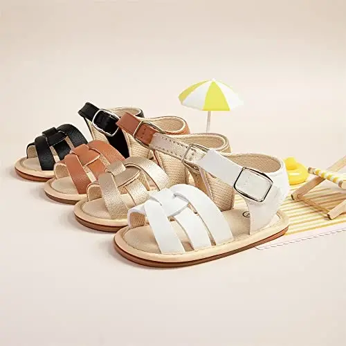 Meckior Baby Toddler Infant Qizlar PU Charm Teri Yumshoq Ochiq Barmoqli Yozgi Sandallar Gul Princessi Tekis Poyabzal - MECKIOR (1)