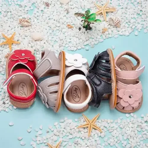 Meckior Baby Toddler Infant Qizlar PU Charm Teri Yumshoq Ochiq Oyoq Yozgi Sandallar Gul malika tekis poyabzal - 3