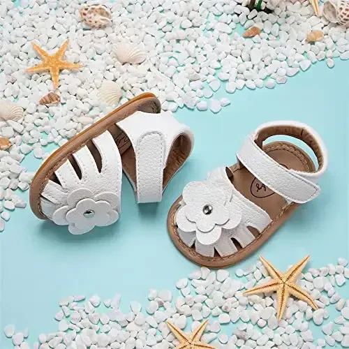 Meckior Baby Toddler Infant Qizlar PU Charm Teri Yumshoq Ochiq Oyoq Yozgi Sandallar Gul malika tekis poyabzal - 4