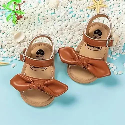 Meckior Baby Toddler Infant Qizlar PU Charm Teri Yumshoq Ochiq Oyoq Yozgi Sandallar Gul Princess Tekis Poyabzal - 4