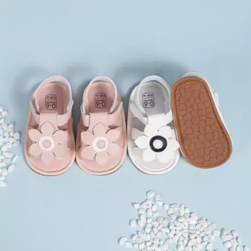 Meckior Baby Toddler Infant Qizlar PU Charm Teri Yumshoq Ochiq Oyoq Yozgi Sandallar Gul Princess Tekis Poyabzal - 2