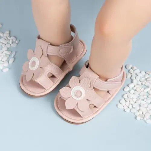 Meckior Baby Toddler Infant Qizlar PU Charm Teri Yumshoq Ochiq Oyoq Yozgi Sandallar Gul Princess Tekis Poyabzal - 3
