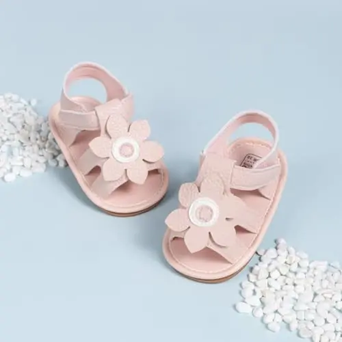 Meckior Baby Toddler Infant Qizlar PU Charm Teri Yumshoq Ochiq Oyoq Yozgi Sandallar Gul Princess Tekis Poyabzal - 4