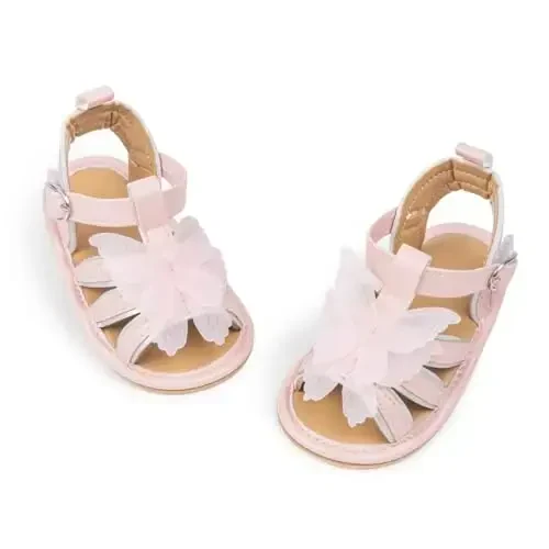 Meckior Baby Toddler Infant Qizlar PU Charm Teri Yumshoq Ochiq Oyoq Yozgi Sandallar Gul Princess Yassi Poyabzal - MECKIOR