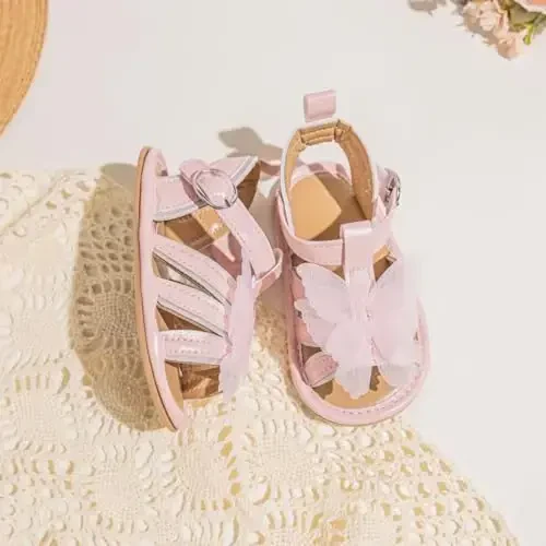 Meckior Baby Toddler Infant Qizlar PU Charm Teri Yumshoq Ochiq Oyoq Yozgi Sandallar Gul Princess Yassi Poyabzal - 3