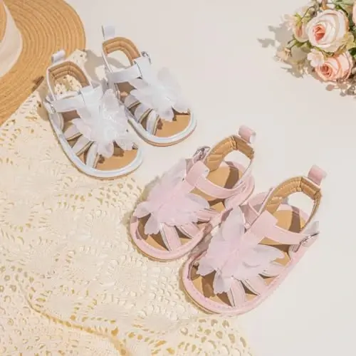 Meckior Baby Toddler Infant Qizlar PU Charm Teri Yumshoq Ochiq Oyoq Yozgi Sandallar Gul Princess Yassi Poyabzal - MECKIOR (1)