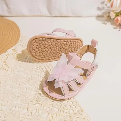 Meckior Baby Toddler Infant Qizlar PU Charm Teri Yumshoq Ochiq Oyoq Yozgi Sandallar Gul Princess Yassi Poyabzal - 4