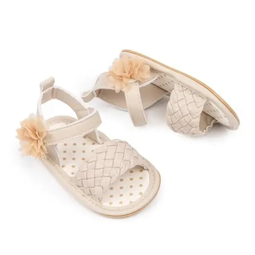 Meckior Baby Toddler Infant Qizlar PU Charm Teri Yumshoq Ochiq Oyoq Yozgi Sandallar Gul Princessi Yassi Poyabzal - 1