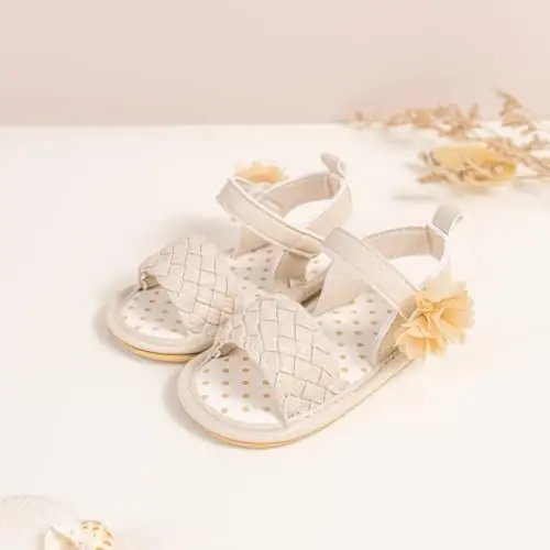 Meckior Baby Toddler Infant Qizlar PU Charm Teri Yumshoq Ochiq Oyoq Yozgi Sandallar Gul Princessi Yassi Poyabzal - 3