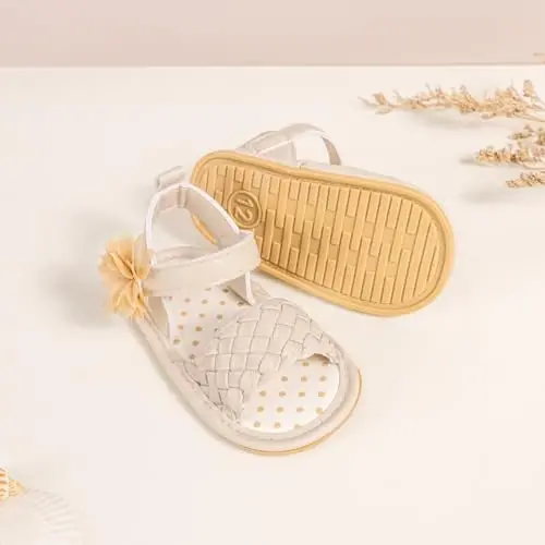 Meckior Baby Toddler Infant Qizlar PU Charm Teri Yumshoq Ochiq Oyoq Yozgi Sandallar Gul Princessi Yassi Poyabzal - 4