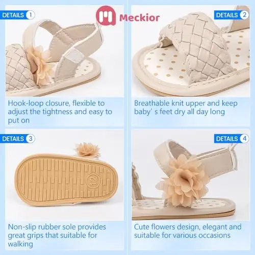 Meckior Baby Toddler Infant Qizlar PU Charm Teri Yumshoq Ochiq Oyoq Yozgi Sandallar Gul Princessi Yassi Poyabzal - 5