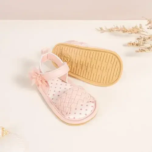 Meckior Baby Toddler Infant Qizlar PU Charm Teri Yumshoq Ochiq Oyoqli Yozgi Sandallar Gul malika tekis poyafzal - 4