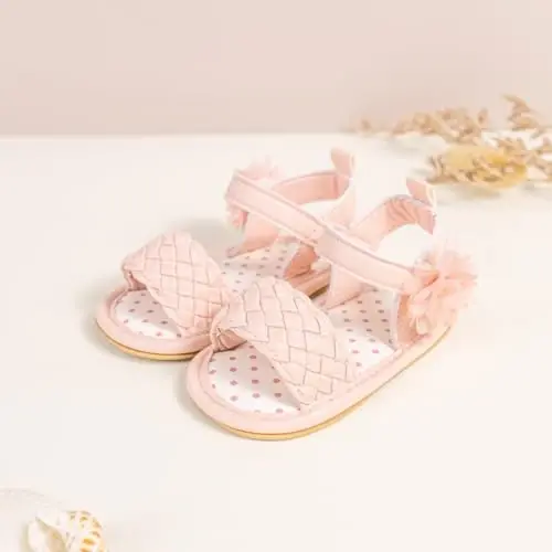 Meckior Baby Toddler Infant Qizlar PU Charm Teri Yumshoq Ochiq Oyoqli Yozgi Sandallar Gul malika tekis poyafzal - 3